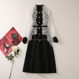 2023 Autumn Black Contrast Colour Panelled Lace Dress Long Sleeve V-Neck Buttons Single-Breasted Casual Dresses S3A050330 Plus Size XXL