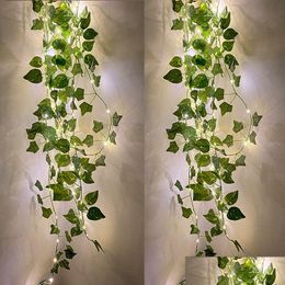 Faux Floral Greenery 2M/ 20 Led Artificial Plants Luminous Cane Green Leaf Ivy Vine Fairy Light String Garland For Home W Homefavor Dhb2E
