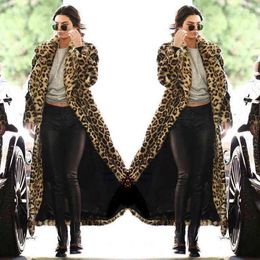 Women's Fur Brown Leopard Printed Faux Coat Women Autumn Winter OL Style Thick Warm Plush Plus Size Long 211213