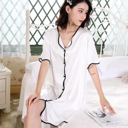 Women's Sleepwear Summer Women Wavy Edge Satin Nightgowns Short Sleeve Nightdress Silk Casual Loose Nightshirt Home Clothing