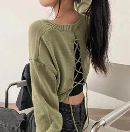 Women's Sweaters Korean Solid Women Clothing Y2k Crop Pullovers Sueter Mujer Casual Fashion Knitted Thin Sweater Hollow Out Bandage Sexy