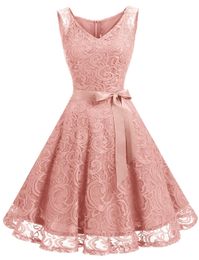 Homecoming Dresses Princess Lace V-Neck Bow A-Line Cocktail Formal Occasion Birthday Prom Graudation Cocktail Party Gowns H005