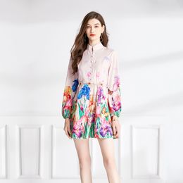 Retro Floral Women Pink Mini Dress Luxury Designer Stand Collar Slim Elegant Print Vacation Short Dresses 2023 Autumn Winter Lantern Sleeve Runway Slim Party Frocks