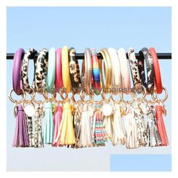 Women Pu Leather Wrap Keyring Tassels Bracelets Leopard Lily Print Keychain Wristband Sunflower Drip Oil Circle Bangle Chains Drop Del Dh0Z2