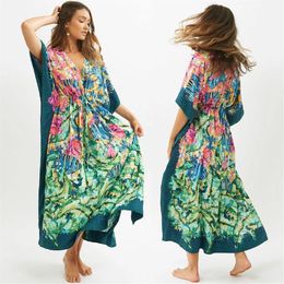 2021 Green Bohemian Printed Bats Sleeve High Waist Summer Beach Dress Cotton Tunic Women Beachwear Kaftan Maxi Dresses Q1087 F0122274i