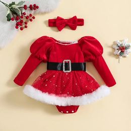 Rompers Christmas Costumes For Baby Girls Dress Princess Sequins Mesh Skirt Hem Long Sleeve Toddler Bodysuits with Headband 231027