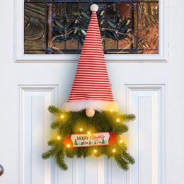 Decorative Flowers Glowing Striped Faceless Santa Wreath With Lights Gnome Christmas Hanging Sign Front Door Decoration Window Wall Garland