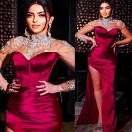 Luxury Crystals Beaded High Collar Prom Dresses Dubai Arabic Elegant Satin Formal Occasion Evening Gowns Side Split With Illusion Long Sleeves Sexy Vestidos CL2840