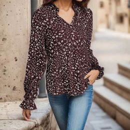 Women's Blouses Elegant Womens Floral Print Shirts Autumn V Neck Ruffle Hem Sweet Long Sleeve Blouse Ladies Shirt Cardigan Tops Blusa Mujer