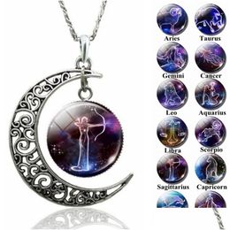 Pendant Necklaces Zodiac Luminous 12 Constellation Sign Glass Cabochon Blue Light In The Dark Charm Gift Animal Necklace Jewelry Drop Dhomm