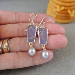 Dangle Earrings Womens Abstract Purple Opal Square Enamel Round White Pearl Pendant Boho Ethnic Creative Drop Jewelry