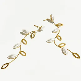 Dangle Earrings Peri'sbox Delicate Faux Pearl Long Leaf Drop Women Stainless Steel 18K Gold Plated Plant Leaves Jewellery Bridal Wedding