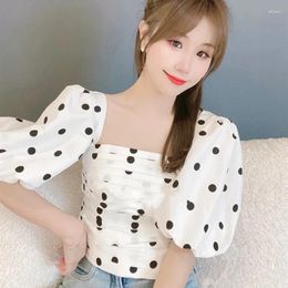 Women's Blouses Women Shirt 2023 Early Fall Taffeta Puffed Sleeves With Ruffled Square Neck And Short Polka-dot Style Top