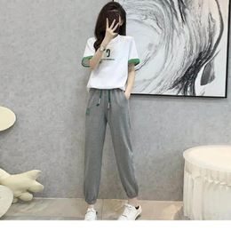 Women's Two Piece Pants Sporty Tracksuits Sets Cotton Short SleeveT-shirt Korean Style Casual SweatPants Set Women Top And