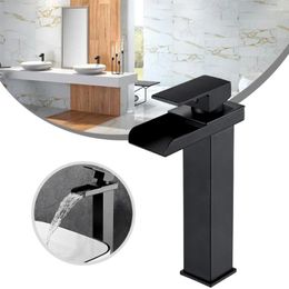 Bathroom Sink Faucets Waterfall Basin Faucet Black &Cold Water Mixer Vanity Tap Deck Mounted Washbasin Taps