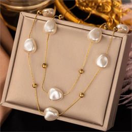 Chains ANENJERY L316 Stainless Steel Doube Layer Imitation Pearl Beads Necklace For Women Niche Vintage Clavicle Chain Jewellery Gift