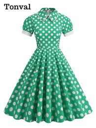 Urban Sexy Dresses Tonval 1950s Vintage Polka Dot Pinup Cotton Midi Robe for Women Peter Pan Collar Party Elegant Pockets Dresses 231027