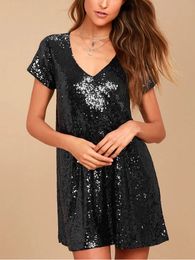Urban Sexy Dresses Women Glitter Sequin Babydoll Dress Shiny Short Party Black/Champagne Casual Loose Sparkly T Shirt Dresses Bling Mini Club Wear 231027