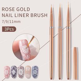 Rose Gold 3Pcs/set Nail Art UV Gel Liner Painting Brushes Drawing Flower Striping Design Manicure Tools Kits 7/9/11mm Nail ToolsNail Brushes Nail Art Tools