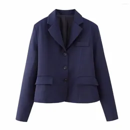 Women's Suits Women Fashion Navy Blue Wool Blend Tailored Blazer Jacket 2023 Long Sleeves Flap Pockets Chest Welt Coats