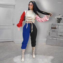 Women's Tracksuits 2023 Spring Women Fashion Street Girl Style Sets Long Sleeve High Neck Top Elastic Pants Stitching Colour Two Piece