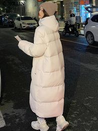 Women's Trench Coats QOERLIN Warm Winter Parkas With Hooded 2023 Oversize Straight Thick Button Casual Cotton Padded Coat Soft White Jacket