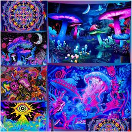 Tapestries Psychedelic Uv Reactive Escent Tapestry Mushroom Home Decor Wall Hanging Witchcraft Skl Flowers Bright Under Blue Light D Dhm8U