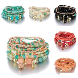 Beaded Women Bohemian Jewellery Mtilayer Elastic Set Bracelets Bangles With Tassel Gold Coin Glass Beads Charm Wrap Bracelet Femme Drop Dhlh0