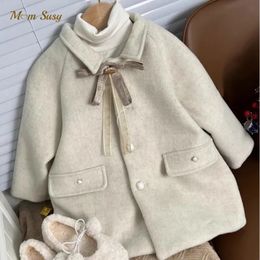 Jackets Baby Girl Woolen Bow Tie Jacket Long Pearl Button Warm Infant Toddle Lapel Coat Spring Autumn Winter Outwear Clothes 1 10Y 231027