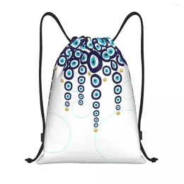 Shopping Bags Evil Eye Hanging Beads In Blue And Gold Drawstring Bag Portable Sports Gym Sackpack Nazar Hamsa Boho Storage Backpacks