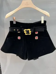 Women's Shorts Autumn And Winter Woman European American Retro Exquisite Buckle Velvet High Waist With Belt Short