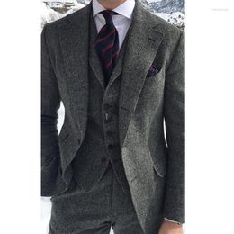 Men's Suits Men's Wool Tweed Grey Men's Suit Suitable For Formal Business Groom Wedding Tuxedo Herringbone 3-piece Set Jacket Vest