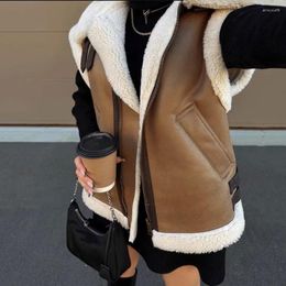 Women's Fur Winter Vest Women Faux Sheepskin Waistcoat Chic Lady Leather Fleece Warm Woman Lapel Sleeveless Jacket