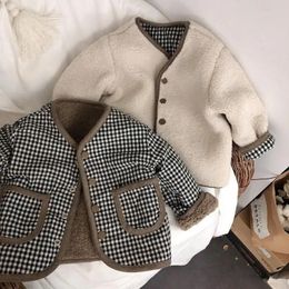 Jaquetas infantis xadrez casaco de pelúcia outono e inverno quente crianças em ambos os lados usam roupas de meninas do menino 231027