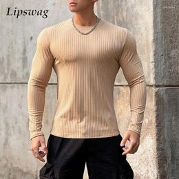 Men's T Shirts Long Sleeve O Neck Ribbed Shirt Mens Slim Fit Casual Cotton Tee Sports Men Clothing Autumn Fashion Solid Colour Pullover Tops