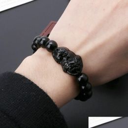 Beaded Obsidian Stone Beads Bracelet Pixiu Black Wealth Feng Shui Bracelets Luck For Women Man Gift 10Mm 14Mm Drop Delivery Jewellery Dhvsn