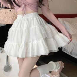 Women's Shorts Cute Lace Trim Tiered Ruffled Skirts Casual White Color High Waist Built-in A-Line Lolita Short Girl Dress