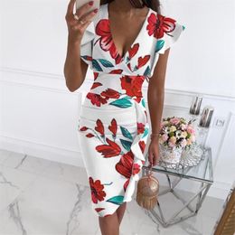 Casual Dresses Women Floral Print Summer Clothes V-neck Butterfly Sleeve Ruffle Party Midi Dress Robe Slim High-Waisted215p