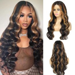 Synthetic Wigs New women's T-shaped front lace synthetic fiber headband with brown intermediate color long curly hair and large wavy wig