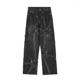 Men's Jeans High Street European America Style Man Patchwork Spliced Web Bleached Straight Full Length Loose Wide Leg Denim Pants