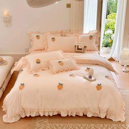 Bedding Sets Korean Girly Washed Cotton 4 Pcs Set Affixed Cloth Embroidered Quilt Cover Girl Cute Wholesale