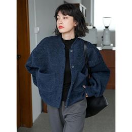 Women's Wool Blends Deeptown Women Fleece Jackets Casual Korean Fashion Basic Kawaii Cute Tops Vintage Cropped Female Woolen Coats Loose All-match 231027