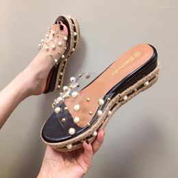 Sandals 7cm Wedge Summer Slippers Pearl Rivet Beach Platfor Woman Wedges Heels Casual Shoes Female Footwear