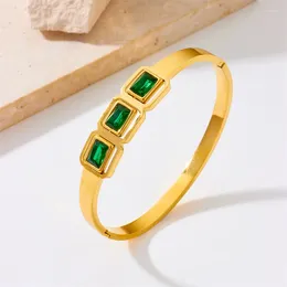 Bangle 316L Stainless Steel Fashion Niche Retro High-end Feeling Inlaid Green Glass Square Crystal Metal Bracelet Banlge