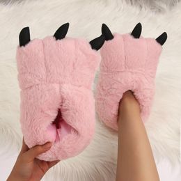 Slippers Winter Cartoon Bear Claw Shoes Pink Warm Non-Slip Home Suede Round Cotton Fun Animals Christmas Decoration Unisex