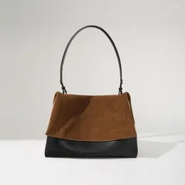 Evening Bags Women Bag With Cowhide Top Layer Stitching And Contrasting Matte Suede Surface Simple Fashionable Shoulder