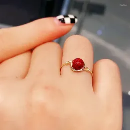 Cluster Rings 925 Silver 14K Gold Plated Wealth Ring Lucky Women High Purity Natural Stone Quartz Red Cinnabar Beads