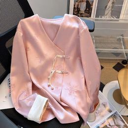 Women's Blouses Slim V Neck Vintage Pink Cheongsam Shirt Blusas Femininas Elegantes Embroidery Floral Shirts Fashion Camisas Crop Top