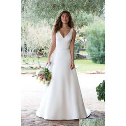 A-Line Wedding Dresses V-Neck Satin Lace Bridal Gowns Simple Long Women Wear Custom Plus Size Drop Delivery Party Events Dhple