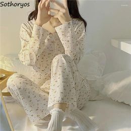 Women's Sleepwear Gentle Pajama Sets Women O-neck Tops Full Length Pants Floral Sweet Teenagers Cozy Loose Breathable Lounge Femme Chic